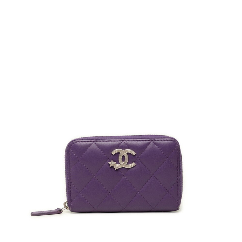 Chanel Matelassé Coco Mark Star Wallet/Coin Purse AP3728 Purple Lambskin Wome...
